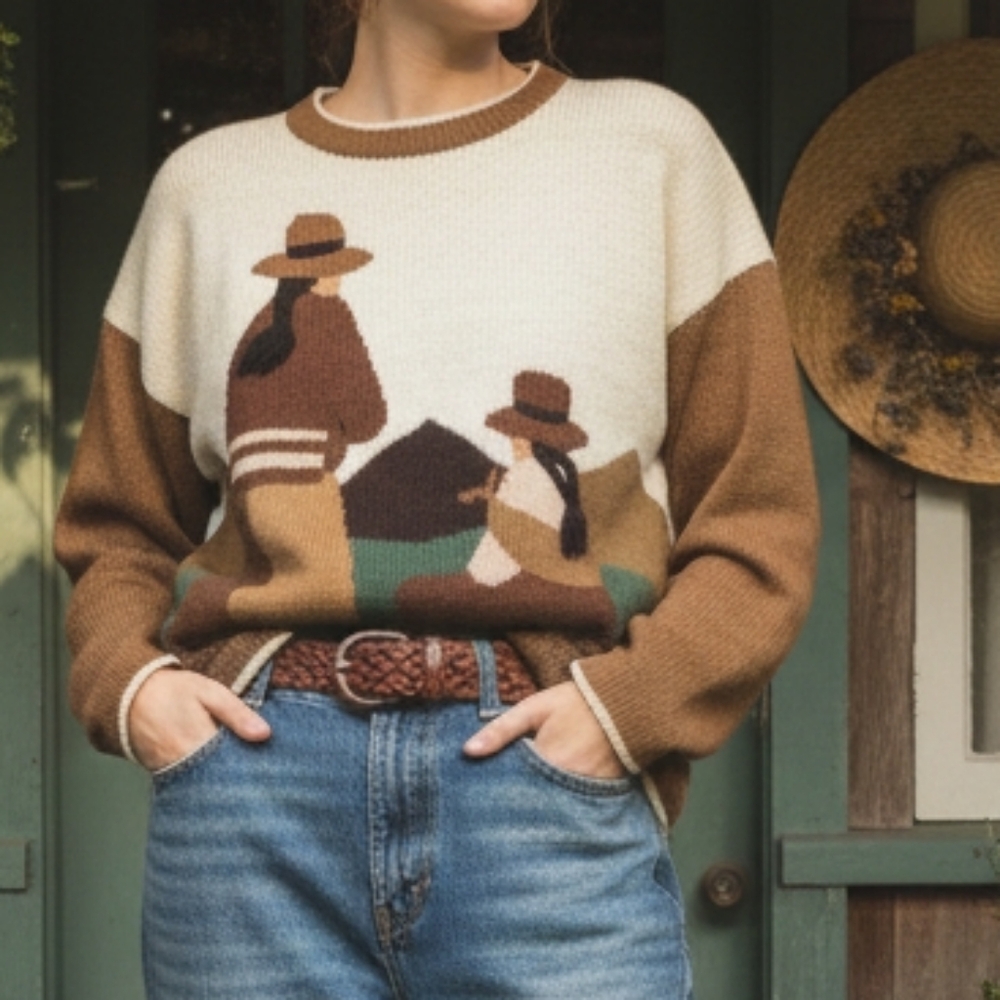 Vintage Peru Alpaca Wool Storyteller Nuetral Sweater 3D Hand Knit Folk Art Scene
